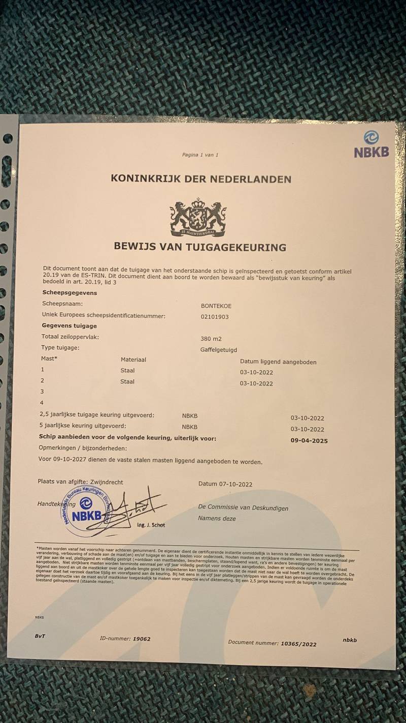 Bontekoe - Zertifikat Mast und Takelage