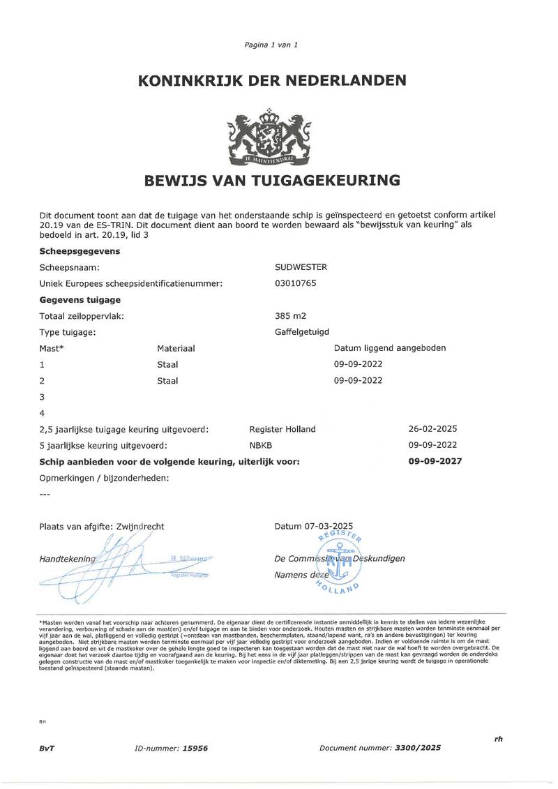 De Sudwester - Zertifikat Mast und Takelage